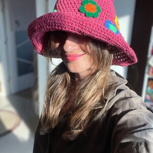 Crochet Daisy Hat, Handmade Sun Protection Hat, Pink Cotton Crochet Summer Hat for Women, Bhava's Style Boho Hat,UV Protection Hat for gift image 3