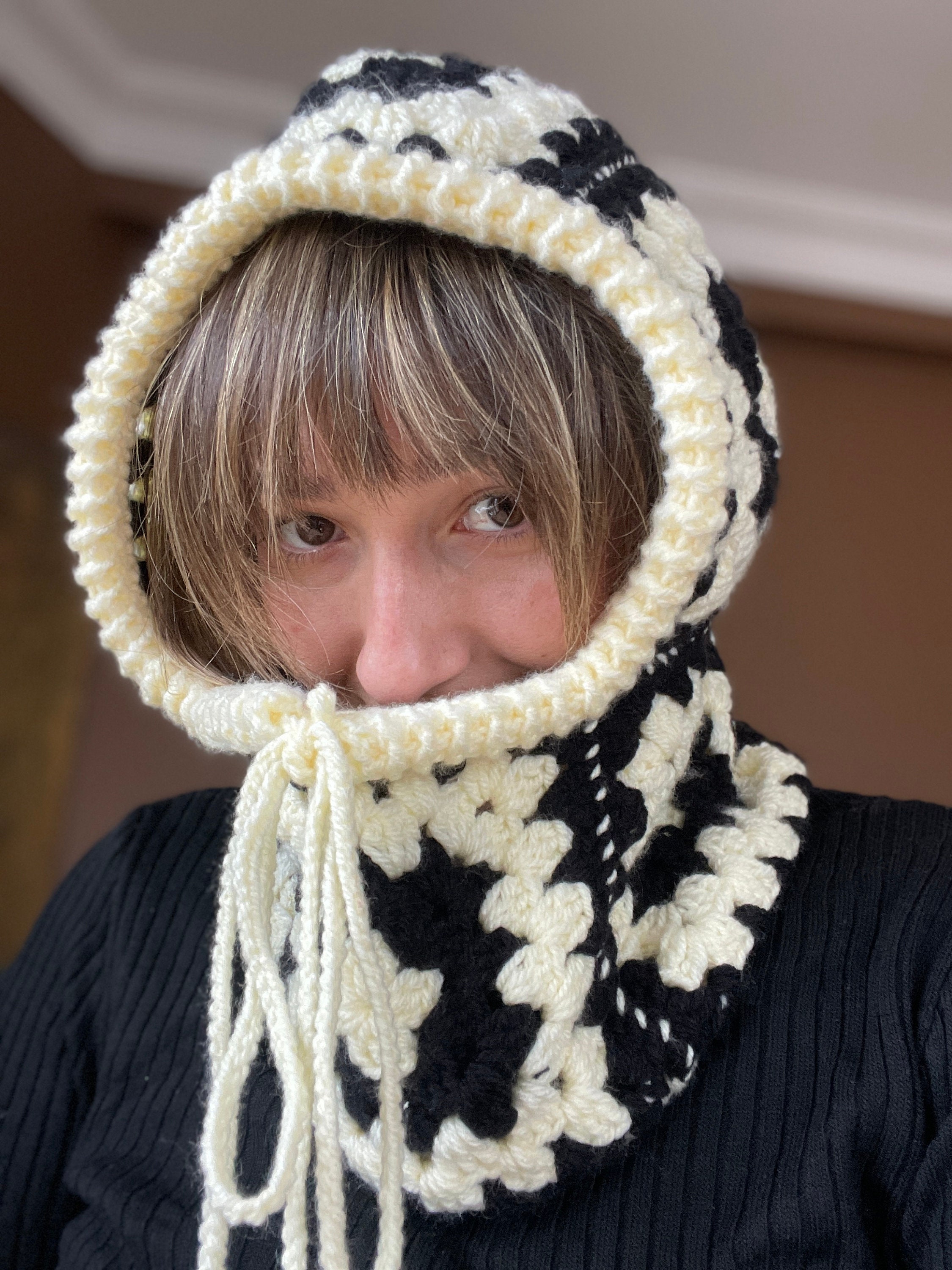 Hand-knitted Granny Square Crochet Balaclava - Black & Cream  display picture 1