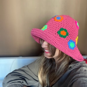 Crochet Daisy Hat, Handmade Sun Protection Hat, Pink Cotton Crochet Summer Hat for Women, Bhava's Style Boho Hat,UV Protection Hat for gift image 6