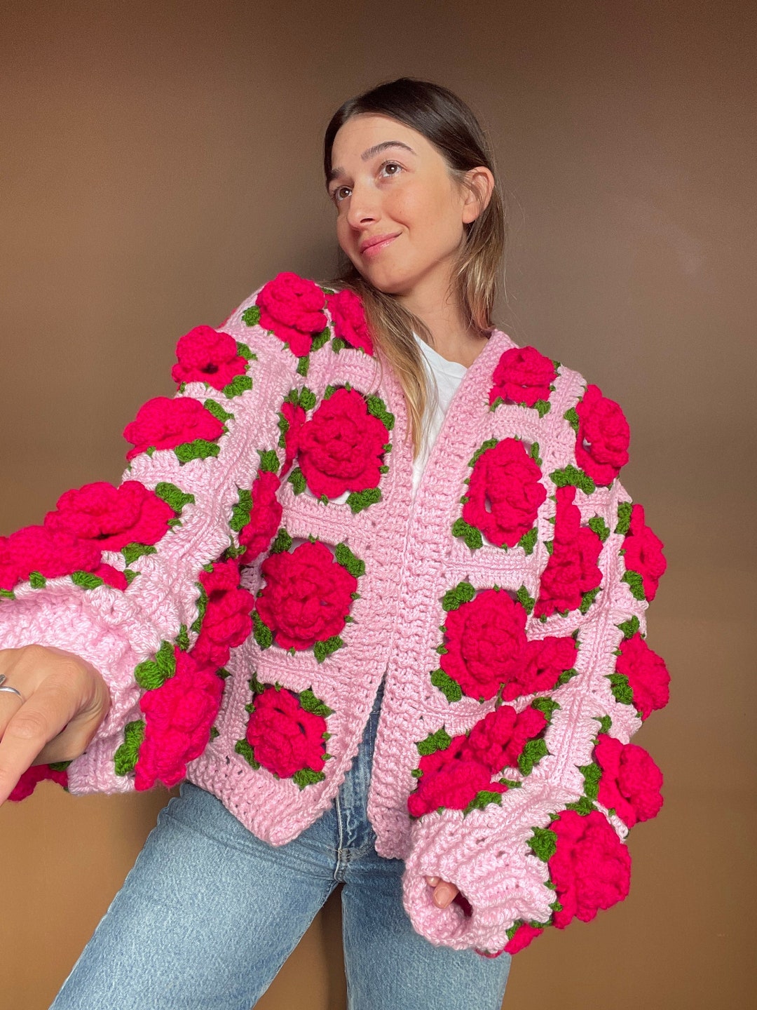 海外最新 Cardigan, Rose Jumbo Crochet Black Cardigan Square Granny トップス