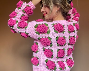 トップス Rose flower motif cardigan pink Leilayca Pink Roses Cardigan , Chunky Cropped Cardigan for