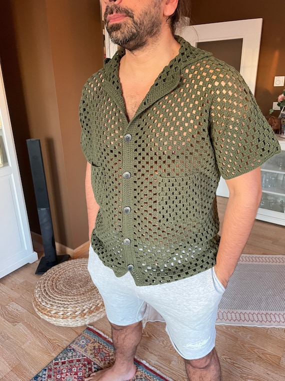 Camisa de crochet Camisa caqui Camisas para hombres Camisa hecha a mano Camisa de verano Camisa de playa Camisa vintage Camisa oversize Camisa de media manga Etsy Mexico