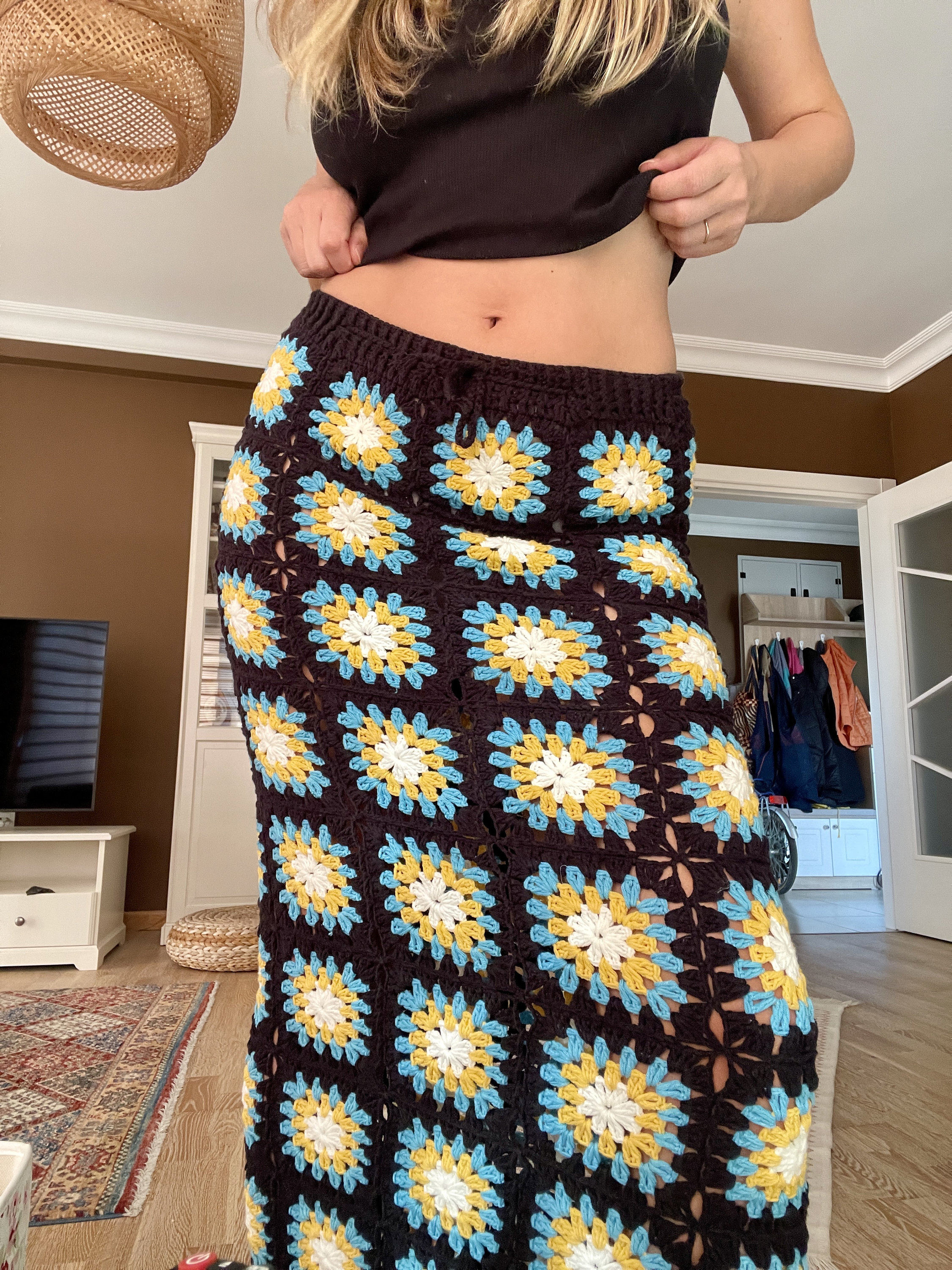 90’s vintage long Flower crochet skirt Crochet Granny Square Long Skirt, Handmade Long Skirt