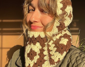 Brown and Cream Granny Square Balaclava: Cotton Crochet Winter Hood