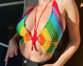 LGBTQ Pride Crochet Crop Top, Rainbow Butterfly Crochet Crop Top, Happy Pride Month Crop Top, Handmade Crop Top, Summer Crop Top