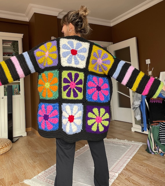 Crochet Granny Square Cardigan for Women, Oversize Granny
