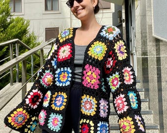 Black Crochet Granny Square Cardigan Oversized Colorful Cotton Blend