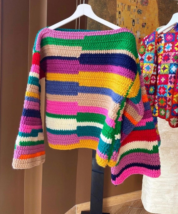 Crochet Colorful Sweater Boheme Warm Sweater Handmade Colorful Sweater Hand knit Bhava Style Big Sleeves Sweater Pullover Cozy Sweater Etsy UK