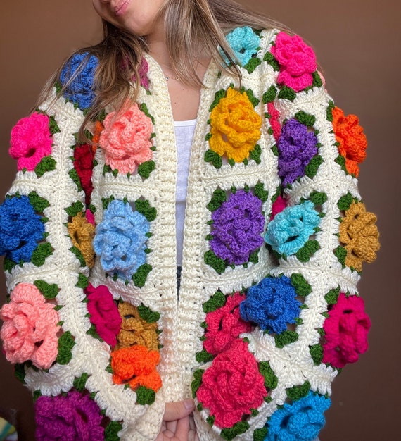 Crochet Jumbo Rose Cardigan, Colorful Granny Square Cardigan