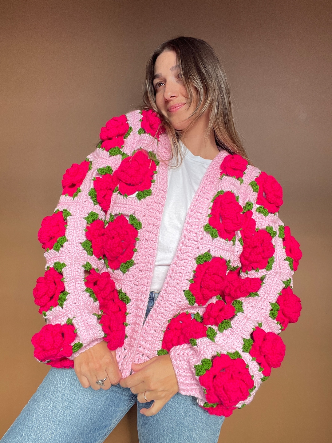 Pink Jumbo Rose Crochet Cardigan, 100% Cotton 3D Floral Sweater