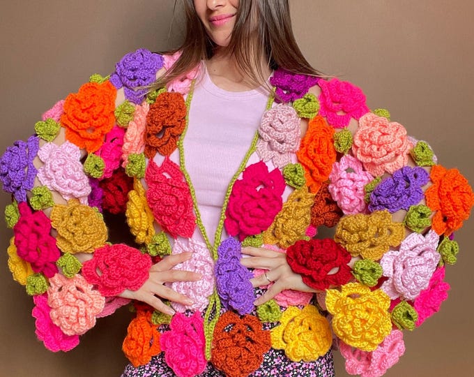 Colorful 3D Rose Crochet Cardigan: Oversized Cotton Floral Sweater