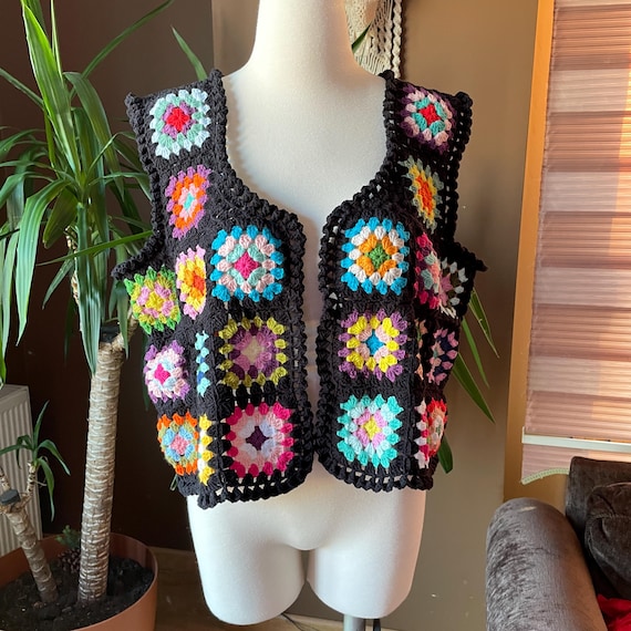 Crochet Black Vest, Granny Square Sweater Vest, Handmade