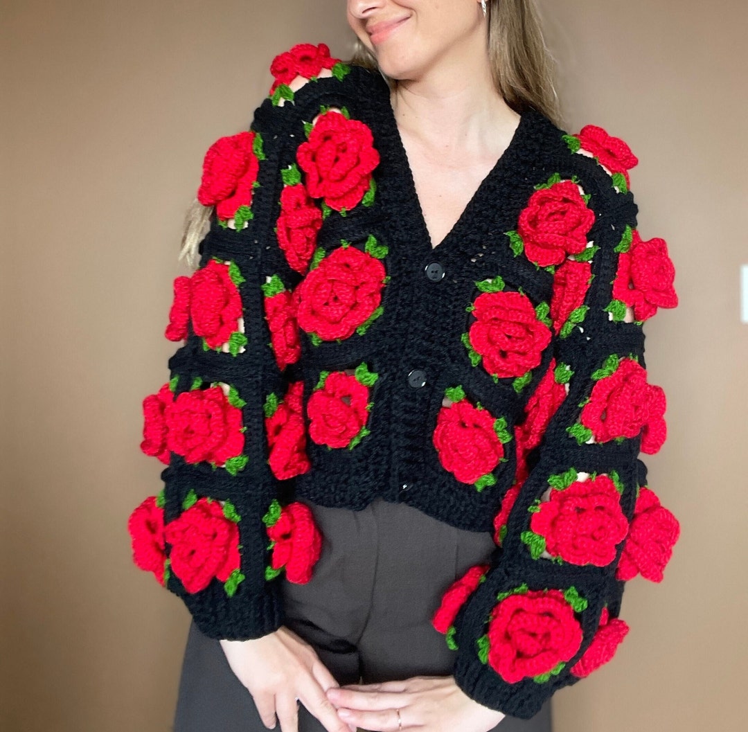 Crochet Jumbo Rose Cardigan, Black Granny Square Cardigan, Bhava's Style Boho Crochet Rose Chunky Cardigan, Red Rose Cardigan, Warm Cardigan - Etsy Crochet Jumbo Rose Cardigan, Black Granny Square Cardigan, Bhava's Style Boho Crochet Rose Chunky Cardigan, Red Rose Cardigan, Warm Cardigan - Etsy