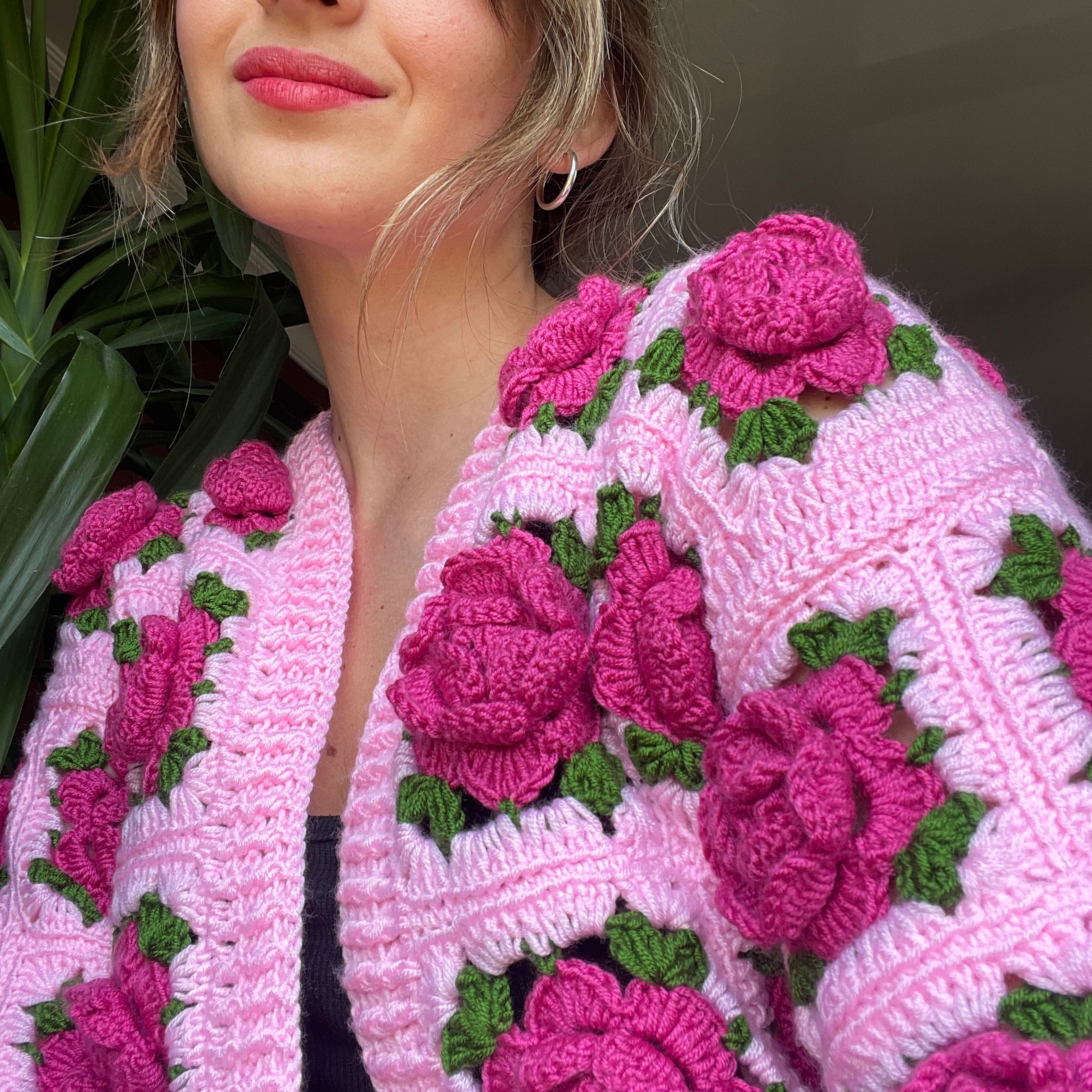 Crochet Jumbo Rose Cardigan, Pink Granny Square Cardigan