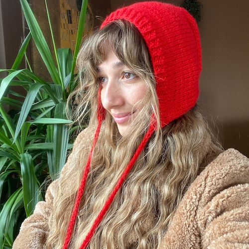 Handmade Cotton Knit Adult Bonnet: Tie Chin Balaclava