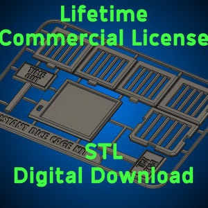 May include: A gray plastic Instant Dice Cage Kit STL Digital Download on a blue background. The kit includes cage components and the text "Lifetime Commercial License". The words "Time Out" are also visible.