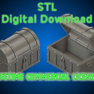May include: A 3D printable model of a closed and open treasure chest with a hinged lid, lock, and decorative metal accents. STL Digital Download. Lifetime Commercial License.