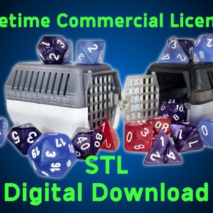 May include: A 3D printed dice tower with a removable lid, open to reveal a gridded interior. The tower is surrounded by various colored dice with white numbers. The text "Lifetime Commercial License" and "STL Digital Download" is displayed in green on a blue background.