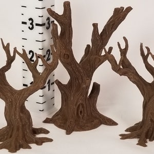 May include: Three brown, bare, miniature trees with gnarled branches and textured bark. The trees are approximately 3 inches tall.