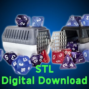 May include: A 3D printed dice tower with a gray and white exterior and a metal mesh insert. The tower is open and several multi-colored dice are spilling out. The text "STL Digital Download" is printed in green below the tower.
