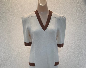 Vintage St John knit dress short sleeves cream color with brown accents size XS great condition