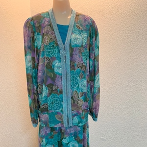 Vintage Diane Freis beaded silk 3 piece outfit &quot;Deadstock&quot; new with tags jacket, skirt, top set one size turquoise, purple, green