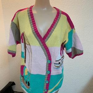Vintage Berek short sleeve cotton sweater sailing theme small yellow & pink