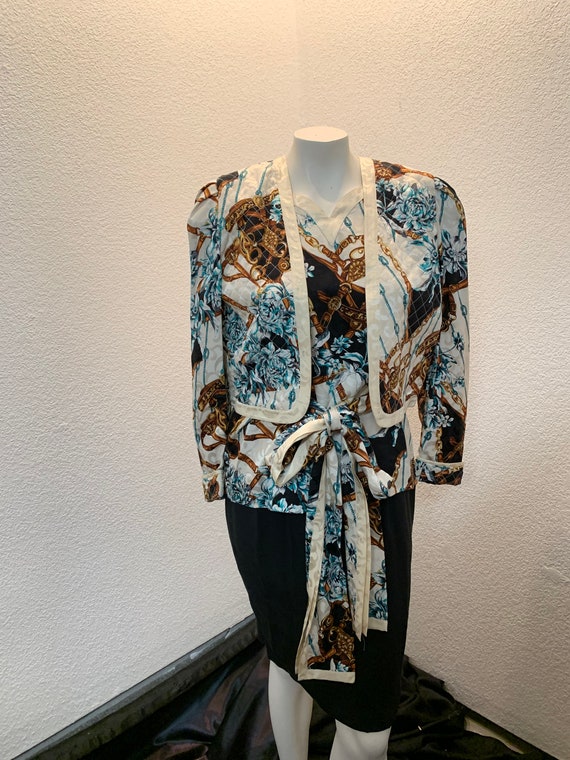 Vintage Diane Freis 3 Piece Silk Skirt Top and Jacket Plus Scarf One Size New with Tags Ivory Black Gold Blue