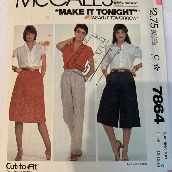 Vintage sewing pattern McCalls 7864 sizes 10-12-14 for skirt, culotte, pants from 1982 uncut with instructions