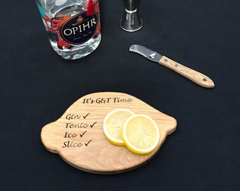 Personalised Quirky Lemon G&T Chopping Boards, Lemon Shaped Oak Board, Drinks Chopping Board, great Gin Lovers Gift
