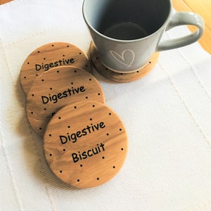 Personalised Solid Oak Digestive Biscuit Drinks Coasters, Quirky Biscuit Coasters