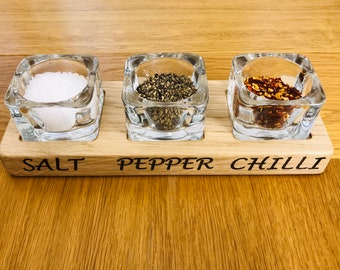 Personalised Solid Oak Triple Glass Salt, Pepper and Chilli Pinch Pots Set