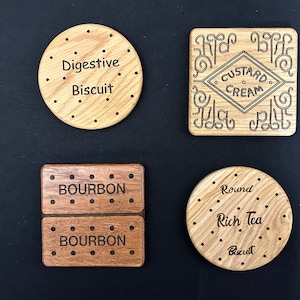 Personalised Biscuit Drink Coasters, Quirky Biscuit Coasters, Solid Oak Drinks Coaster