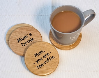 Personalised Gifts for Mums, Drinks Coasters, Solid Oak Drinks Coasters,