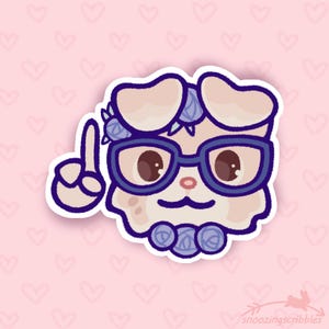 May include: A sticker featuring a cartoon dog with glasses and a raised finger. The dog has a light beige face, dark brown eyes, and wears blue-rimmed glasses. It has a blue flower crown and a blue collar. The background is pink with heart shapes.