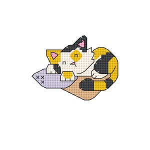 Stitching buddy cat pattern, cross stitch a sweet sleeping calico kitty