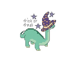 Spooky dinosaur cross stitch: Halloween diplodocus in a witches hat out trick or treating