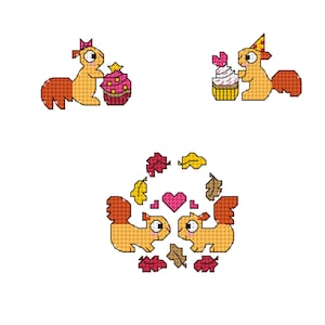 Squirrels cross stitch - small red squirrel birthday and anniversary card pattern