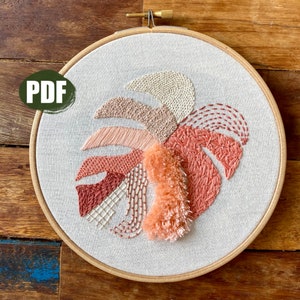 Stitch sampler embroidery, embroidery stitch guide, hand embroidery stitches, monstera embroidery pattern, learn embroidery, needlework