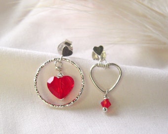 Sterling silver asymmetrical earrings, silver heart and red crystal, woman's birthday gift