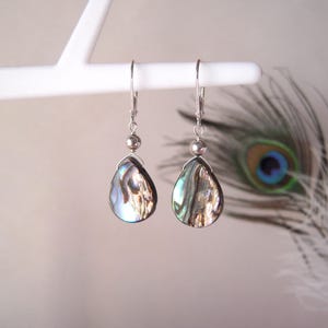 Peut inclure: Une paire de boucles d'oreilles en forme de goutte d'eau avec des coquillages d'ormeau irisés. Chaque boucle d'oreille comprend un crochet argenté, une petite perle argentée et une monture en fil de fer. Les coquillages présentent des teintes marron, bleu et vert.