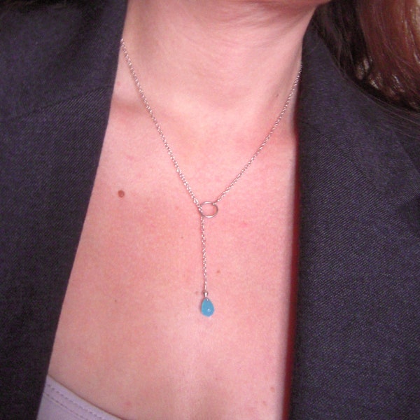 Collier fin cercle argent 925 et perle goutte Agate bleue turquoise collier en Y, cadeau d'anniversaire femme