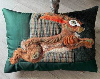 Running Hare Cushion - No. 57 - Tash’s Woodland Creatures Tweed Silk & Leather Cushion Series