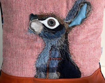Resting Hare Cushion - No. 58 - Tash’s Woodland Creatures Tweed Silk & Leather Cushion Series