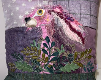 Hare in Hedgerown Cushion - No. 55 - Tash’s Woodland Creatures Tweed Silk & Leather Cushion Series