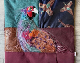 Pheasant Cushion - No. 70 - Tash’s Woodland Creatures Tweed Silk & Leather Cushion Series