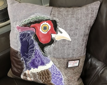 Pheasant Cushion - No. 15 - Tash’s Woodland Creatures Tweed Silk & Leather Cushion Series