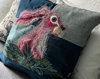 Hare in Hedge Cushion – No. 57 - Tash's Woodland Creatures Tweed Silk & Leather Cushion Series