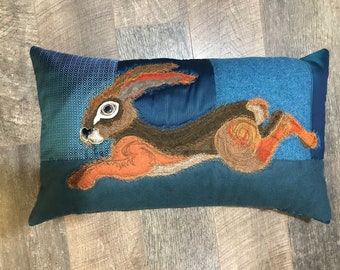 Hare Cushion - No. 53 - Tash’s Woodland Creatures Tweed Silk & Leather Cushion Series