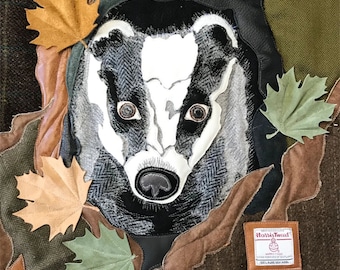 Badger Cushion - No. 29 - Tash's Woodland Creatures Tweed Silk & Leather Cushion Series